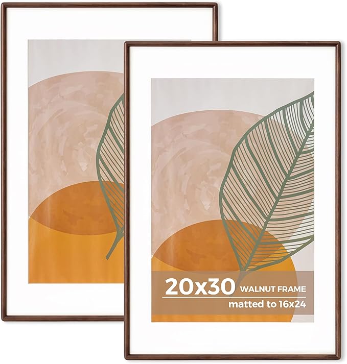 Axeman 20x30 Walnut Frame Set of 2 - Rounded Corner 20 x 30 Poster Frame Matted to 16x24 - Natural Walnut Wood Picture Frame with Tempered Glass for Wall Mount Display