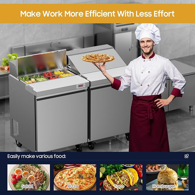 29" Commercial Refrigerator Sandwich&Salad Prep Table Fridge with 8 Pans 1 Door Stainless Steel Counter Fan Cooling Refrigerators