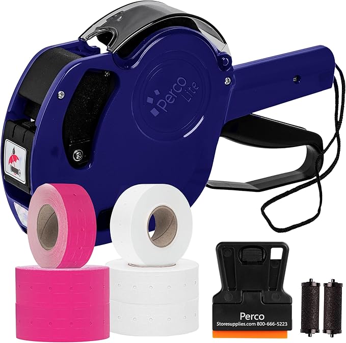 Perco Lite 1 Line Price Gun with Labels Kit - Includes 3 White Rolls, 3 Fluorescent Pink Rolls, 2 Ink Rollers, 1 Ink roll and Labels Pre-Loaded
