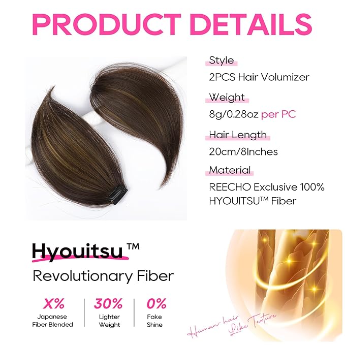 REECHO Clip in Hair Volumizer, Short Thick Clip in Hairpieces Adding Extra Hair Volume Extensions for Women with Thin Fine (Dark Brown with Highlights, 8 Inch(Pack of 2))