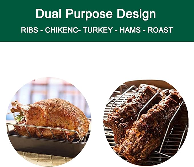 Rib Rack and Turkey Rack for Smoking and Grilling, Stainless Steel Dual-Purpose Roasting Rack for L/XL Big Green Egg, Kamado Joe, and Other 18" Grills