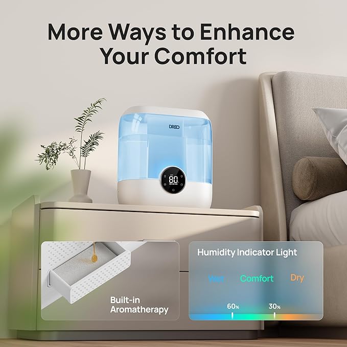 DREO 6L Top Fill Humidifiers for Bedroom, 60H Runtime 28 dB Quiet Supersized Cool Mist Air Humidifiers for Large Room, Baby Nursery, Plant, Indoor, Night Light, Easy to Clean, Precise Humidity Control