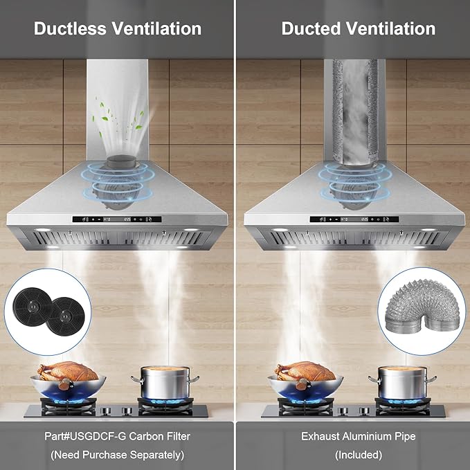 30" Island Range Hood 700 CFM Ceiling Mount Kitchen Vent Hood with Gesture/Touch Control, 3-Speed Fan & 4 LED Lights, Convertible Ductless/Duct, Stainless Steel Baffle Filters,Time Setting