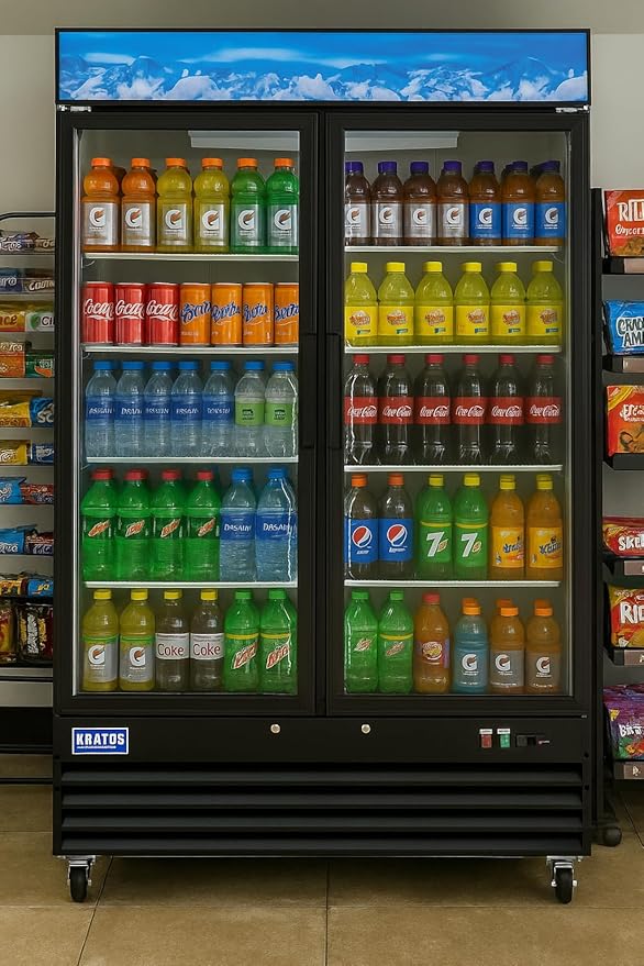 Kratos Commercial Two Door Merchandising Refrigerator, Two Swing Door Mobile Black Display Refrigerator for Shops and C Stores, 53" Wide, LED Lighting, 115V (67K-206)