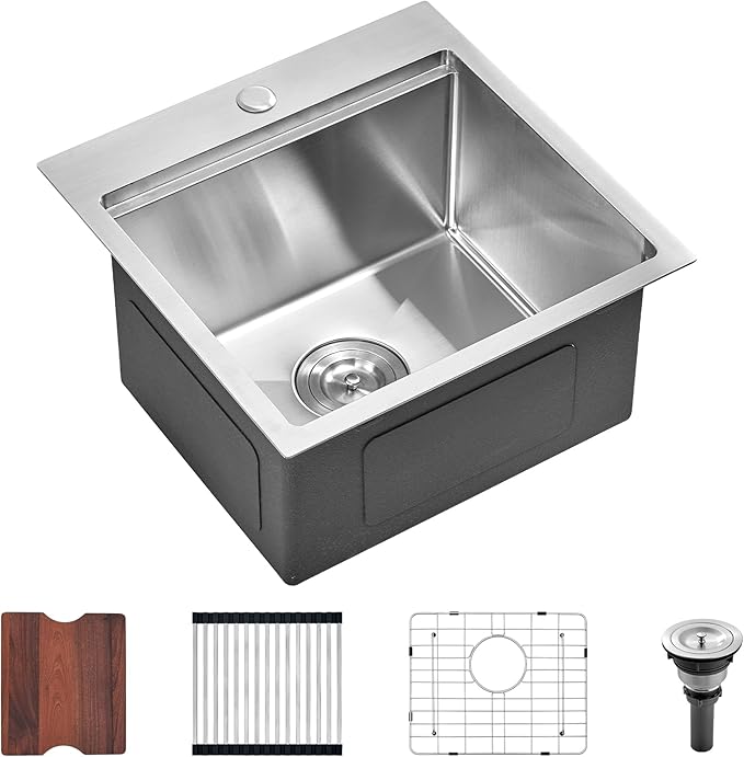 Scamall 18x18x10 Drop In Kitchen Sink Workstation, Brushed Silver 304 Stainless Steel Deep Single Bowl with Quick Drainage & Tarnish-Free Surface for Bar, Laundry, RV, Includes Accessories