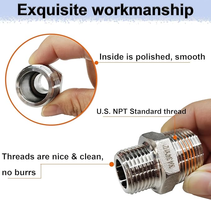 1/2" x 1/4" Reducing Hex Nipple, 304 Stainless Steel NPT Male Pipe Fitting Reducer Nipple Adapter 2000psi Reducer Connector Suit for 0.71" and 0.46" Pipe ID (1/2"x 1/4"MNPT)