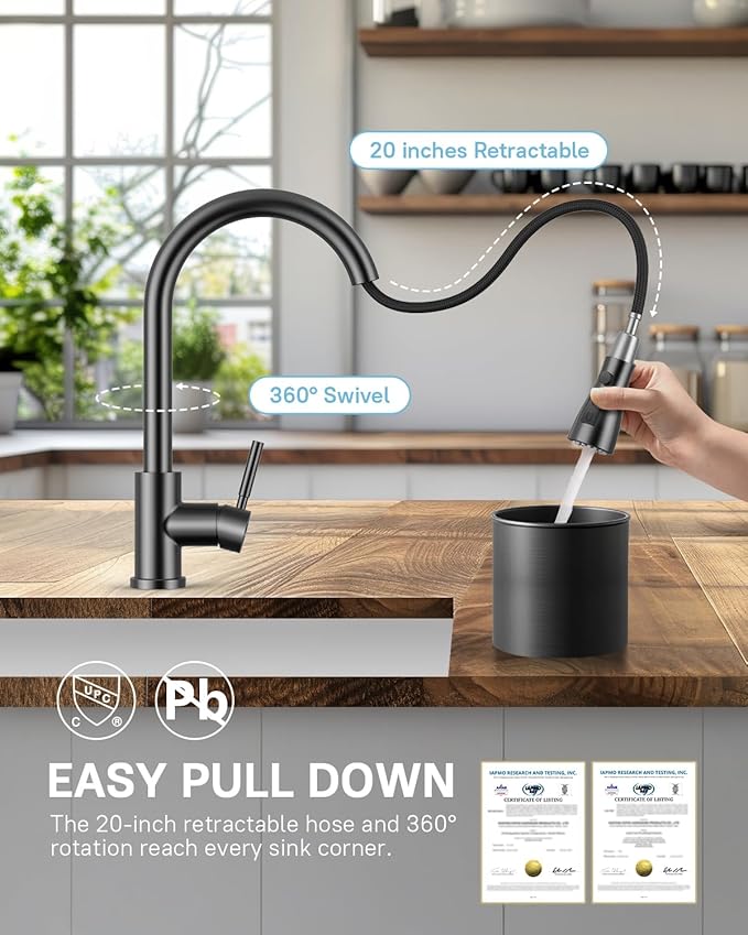 WEWE Kitchen Faucet with Pull Down Sprayer and Soap Dispenser, Stainless Steel Kitchen Sink Faucets, 3-Mode High Arc Single Handle Faucet for RV Farmhouse, Matte Gray
