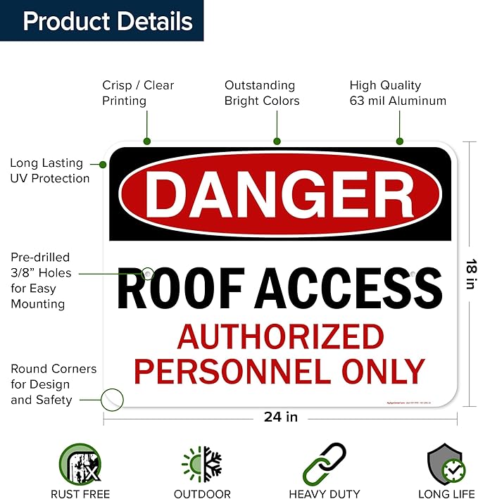 Danger Roof Access Authorized Personnel Only Sign, 18x24 Inches, Rust Free .063 Aluminum, Fade Resistant, Made in USA by My Sign Center