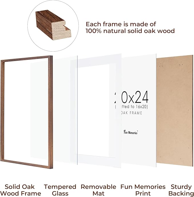 20x24 Picture Frames, Rustic Solid Oak Wood Frame 20 x 24 for Wall, Wooden 20 by 24 Photo Frames with Tempered Real Glass, 20x24 Poster Frame Matted to 16x20 (Walnut Color, 1 Pack)