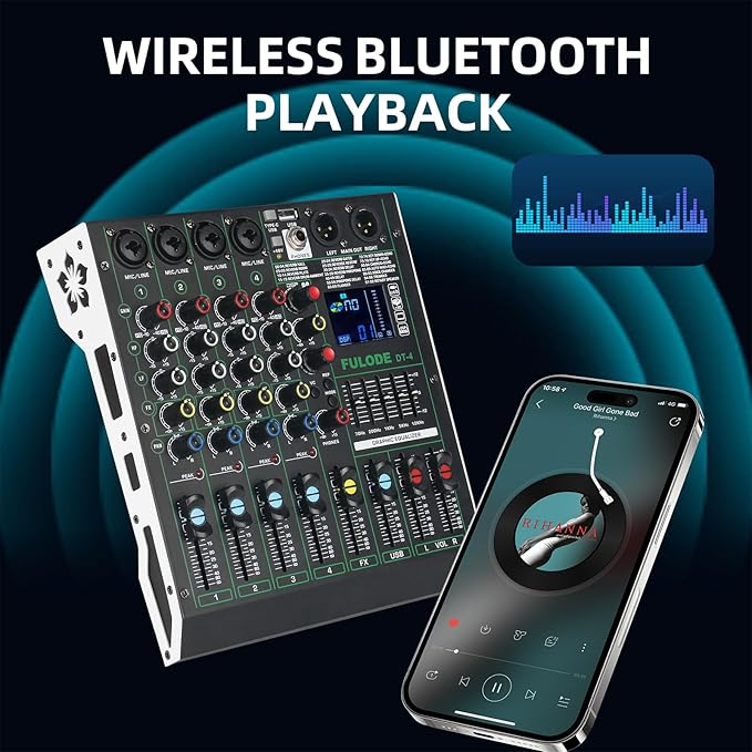 DT-4 Professional 4 Channe Audio Mixer，DJ Controller Sound Board Mixing with 99 DSP Effects,5-Band EQ/4 XLR interfaces and USB for Live Streaming & Recording，48V Phantom Power & Vocal Removal