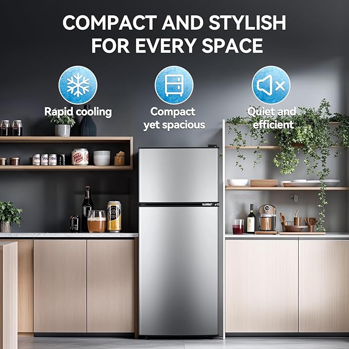4.0 Cu.Ft Fridge with Freezer, Double Door Refrigerator with 6 Level Thermostat, LED Light, Adjustable Glass Shelves for Bedroom, Office, Dorm, Apartment, Silver