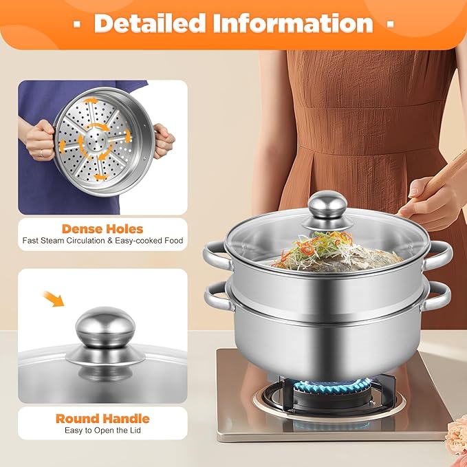 Stainless Steel Steamer Pot, 10.3-Inch Steamer for Cooking, 5-Tier Food Steam Pots with Lid for Cooking Vegetables, Seafood, Soups, Stews, Dumplings and Pasta