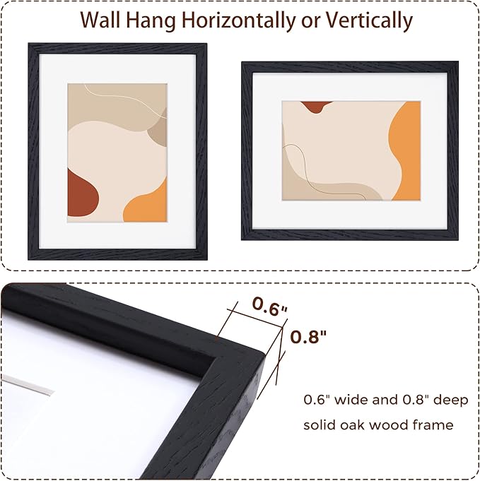 Fun Memories 8x10 Black Picture Frame, Natural Oak Wood 8 x 10 Photo Frames, 8 by 10 Frames Real Glass, 8x10 Picture Frame with Mat for 5x7, Rustic Black Wood Frame 8"x10", 1 Pack