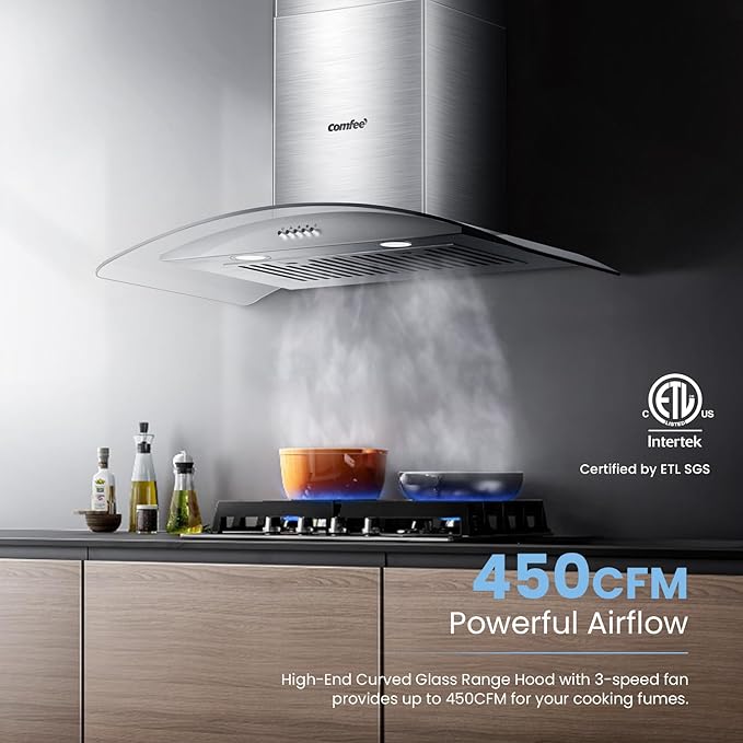 COMFEE' CVG30W8AST 30 Inches Ducted Wall Mount Vent Range Hood with 450 CFM 3 Speed Exhaust Fan, Baffle Filters, Curved Glass, 2 LED Lights, Convertible to Ductless, Stainless Steel