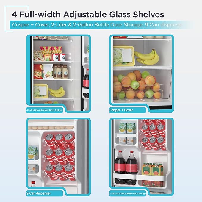 BLACK+DECKER 12 Cu. Ft. Top Mount Refrigerator with Freezer, 2 Door Fridge with Top Freezer and Adjustable Temperature Control, For Homes and Apartments, BDA12GLAS, Stainless Steel Look