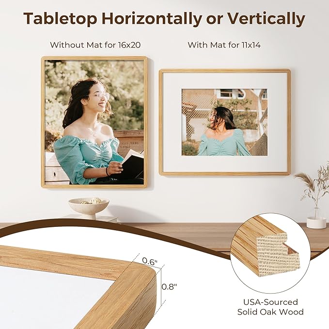 16x20 Picture Frame for Wall, Solid Oak Wood 16 by 20 Frames, 16 x 20 Poster Frame with Tempered Glass, 16x20 Frame Matted to 11x14, 16"x20" Wood Frame for Home Decor, Natural Oak Color, 1 Pack