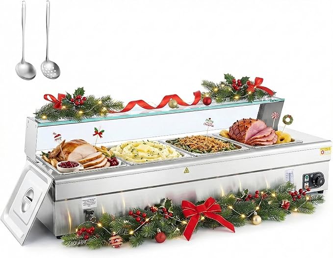 WILPREP 4-Pan Commercial Food Warmer with Sneeze Guard, Four 1/2 Pans, 1500W Countertop Electric Warmer, 86-185°F Adjustable Temp Control, Stainless Steel Buffet Bain Marie