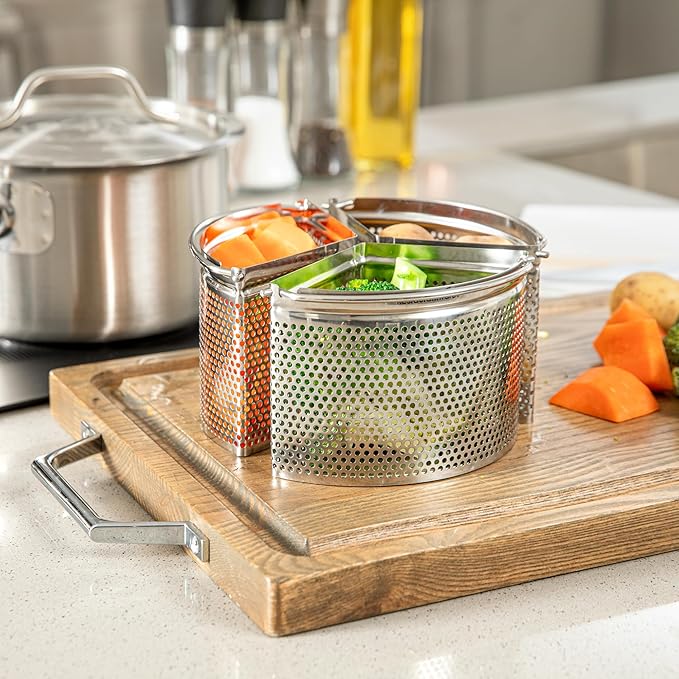 Restaurantware Steamer Basket for Cooking Pot 3-Piece Stainless Steel Trio Separator Perforated Steam Basket Divider for Cooking Veggies, Dumplings, Eggs, Seafood, Pasta, Pressure Cooker