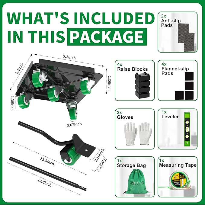 Heavy Duty Furniture Dolly 360° Rotating 5 Wheels, Alloy Steel Furniture Movers Up to 3000 lbs/1360 Kg Load Capacity with Measure Tape and Leveler (5.3x5.3 in)