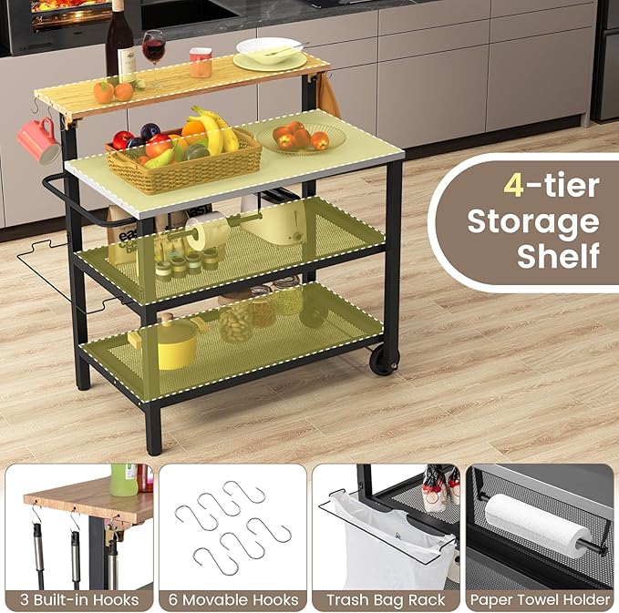 GOFLAME Outdoor Patio Cart Table, Kitchen Shelf on Wheels with Flip Top, Trash Bag Holder, Movable Hooks, Side Handle, Rolling Dining Grill Table, 4-Tier Serving Cart for Home, Bar, with Chairs