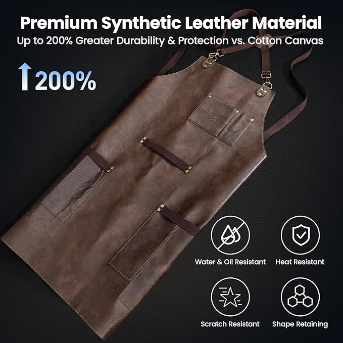 Leather Chef Cooking Apron for Men, Cross Back Apron for All-Day Comfort, Waterproof Apron with Multiple Pockets, Great for Kitchen, Baking, BBQ, Butcher Work or Crafts, Ideal Gift