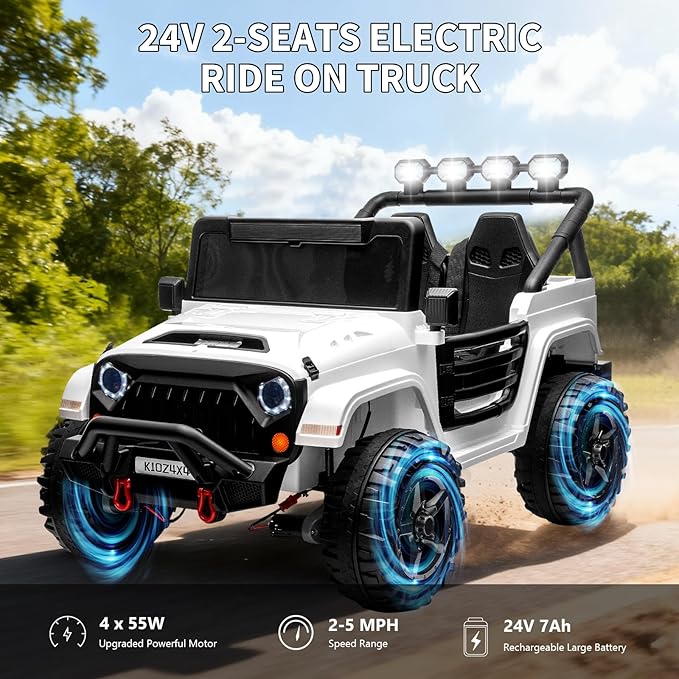 Kids 24v 2-Seater Electric Ride on Car,24v 4x4 Kids Electric Truck with Remote Control,2-Seater Ride-on Car, Spring Suspension & LED Lights for Backyard Exploration