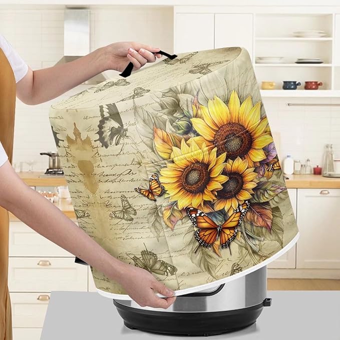 Sunflower Butterfly Print Pressure Cooker Cover for 3 Quart Instant Pot and Air Fryer Accessories, Stain Resistant Washable Round Protective Cover Electric Appliance Cover with Front Pocket