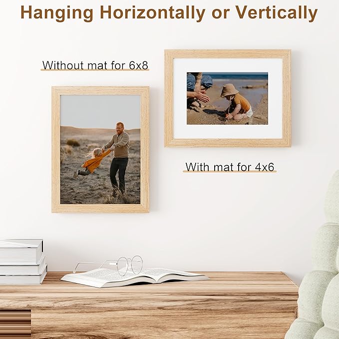 Vittanly 6x8 Picture Frame, Solid Wood Frame with Plexiglass, Includes 4x6 Mat, Wall Hanging or Tabletop for Photos, Home Decor, Natural, 1 Pack