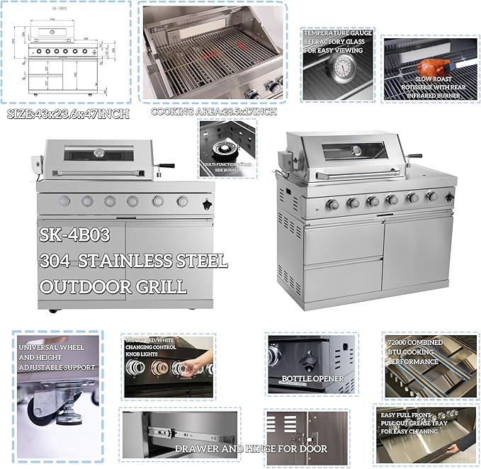 104 Inches 4-Burner 85,000 BTU Deluxe Stainless Steel Propane Gas Grill Outdoor Kitchen Island,Sink,Storage Cabinet and Beverage Refrigerator Storage&Drawers for Patio Backyard Cooking,Silver