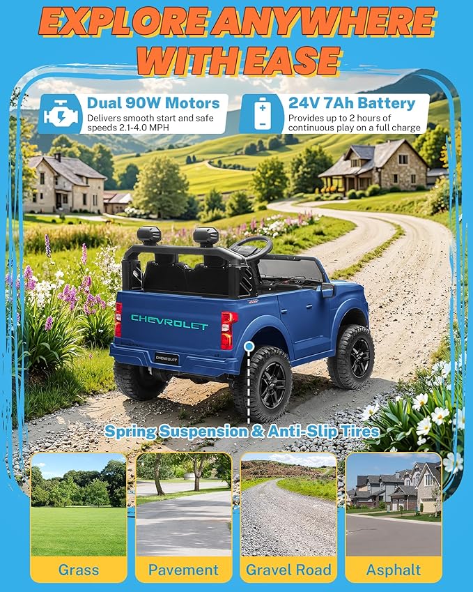 ENYOPRO 2 Seater Ride on Car for Kids, 24V Licensed Chevy Silverado LT Trail Boss Battery Powered Electric Car for Toddlers w/Remote Control, Metal Suspension, Soft Start, Bluetooth, LED Lights (Blue)