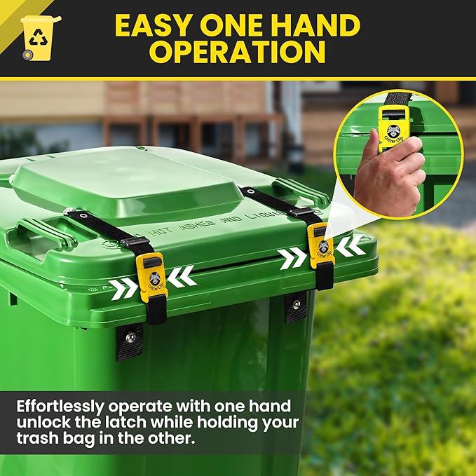 Critter Clips The Original Trash Can Locks for Animals, Easy to Install Bear Proof Trash Can Lock for Outdoor, Heavy Duty Raccoon Proof Garbage Lid Straps with Strong Buckles for Tight Closure, 2PCS