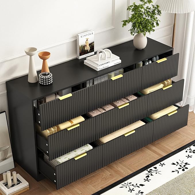 9 Drawer Dresser for Bedroom with Deep Drawers, 63" Wide Wood Dresser, Large Floor Chest of Drawers, Modern Long TV Stand, Storage Cabinet Side Table, Black