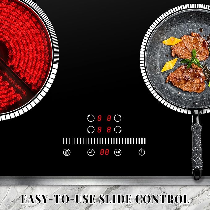 24 Inch Electric Cooktop 4 Burner Electric Stove, 24" Built-in Ceramic Stovetop with Slide Control, Timer, Child Lock, 9 Heating Level, 6000W, 220-240v, No Plug, Hard Wire