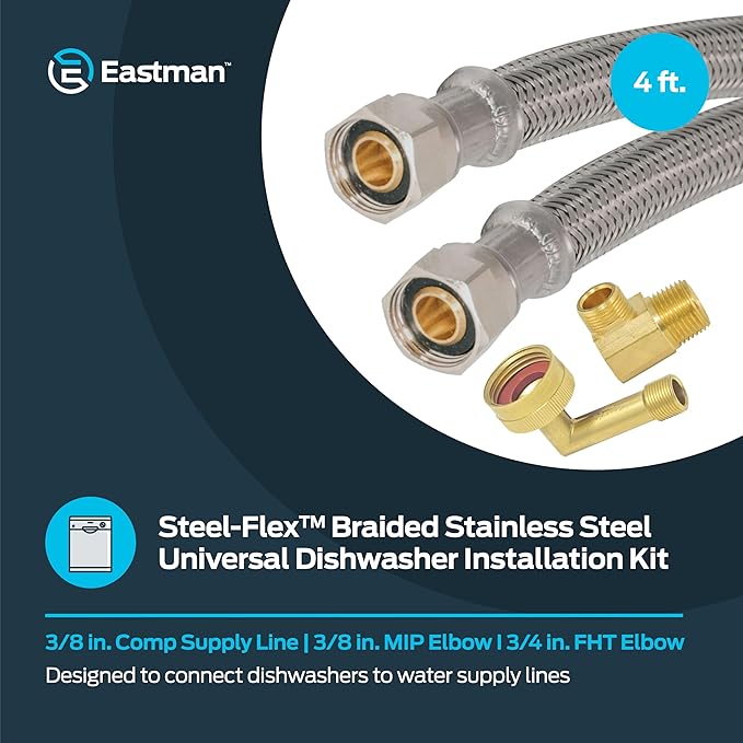 Eastman 4 Ft. Dishwasher Installation Kit, Braided Stainless Steel Supply Line with 3/8 Inch Compression Ends, 41037