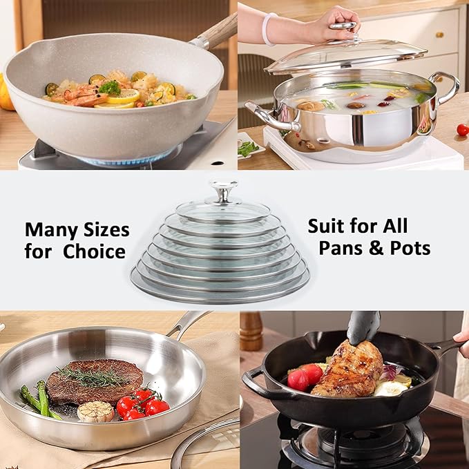Glass Lid For Pots, Pans and Skillets, Clear tempered Glass Lid Replacement with Vent For Frying Pan, Stock Pot, Cast iron skillet, 8, 9.5, 10.25, 11, 12, 12.5, 13.5 and 14 Inch Stainless Steel Covers