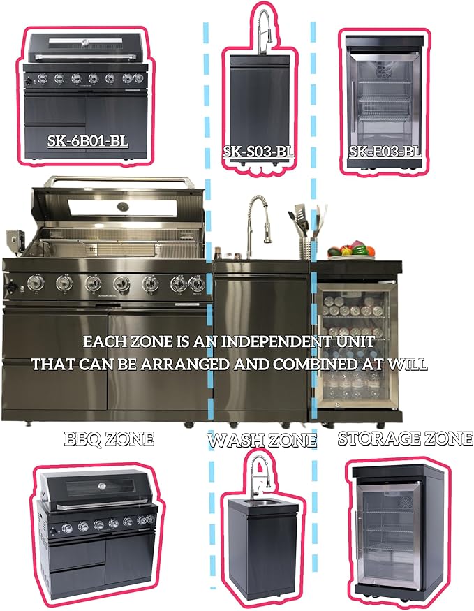 82 Inch Natural Gas Outdoor Kitchen Island with Grill - 6-Burner 85000 BTU, Height-Adjustable Infrared Rear Burner, Built-in Sink/Refrigerator/Wine Cooler, Granite Countertops & Rotisserie Kit