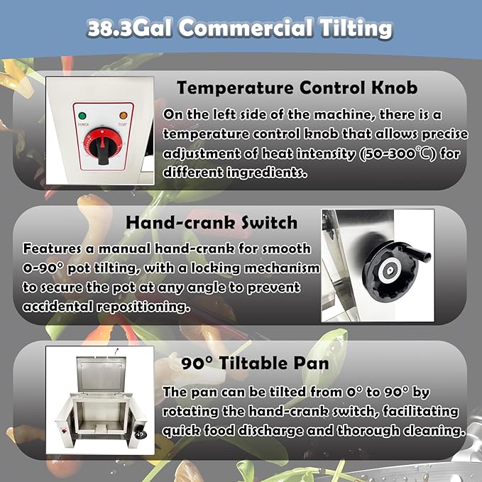 Electric Tilting Skillet Braising Pan Commercial Tilting 38.3Gal (145L) 0-90° Stainless Steel Tilt Skillet for Restaurants, Hotels 220V 3PH
