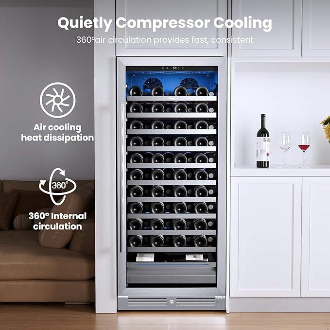 Yeego 24 Inch Wine Fridge – 40°F-65°F Wine Cooler Refrigerator, 304 Stainless Steel Glass Door Lock, Temperature Memory Blue & White LED Built-in Wine Fridge with Adjustable Shelves (89 Bottle)