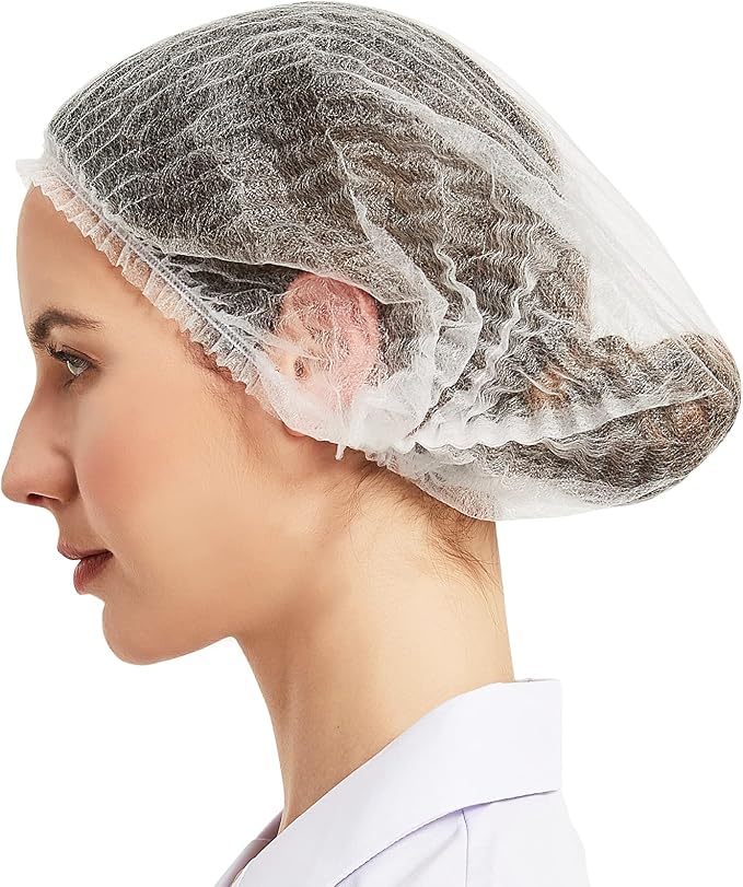ProtectX 100-Pack White Disposable Hair Nets, Elastic Head Cover, Bouffant Caps, Sanitation Head Cover for Food Service, Spa Men & Women - 21 inch