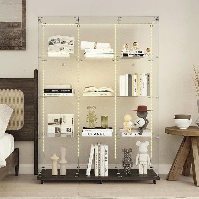 Glass Display Cabinet with LED Light Strip, 12 Shelves 3 Column 2 Doors, Large Glass Top Curio Storage Cabinets with Lock & Caster for Living Room, Office,Floor Standing Bookshelf - Black