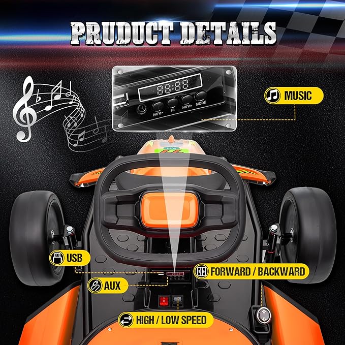 24V Electric Go Kart for Kids, Drift Kart with 400W Motors, EVA Tires, Max Speed 8.1 MPH, Music, Wireless, Electric Drifting Cart Outdoor Ride on Toy for Kids Ages 6+ (Orange)