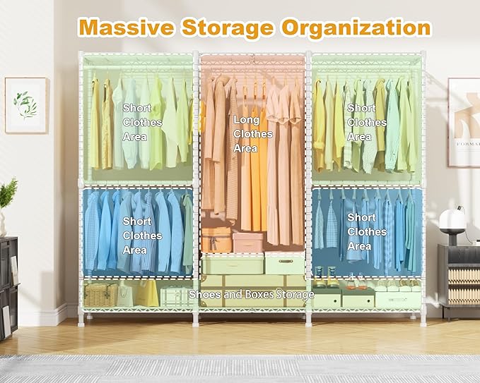 E14C Heavy Duty Closet Organizer System，Freestanding Clothing Racks for Hanging Clothes，Adjustable Garment Rack 70.1" W × 16.6" D × 76.4" H Hold 960 lbs，White Rack with Black Dustproof Cover