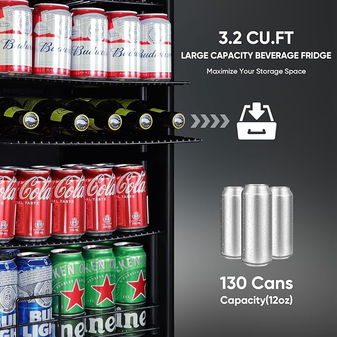 3.2 Cu.Ft Beverage Refrigerator with Compressor Cooling, 130 Can Glass Door Mini Fridge for Soda, Beer & Wine, Adjustable Shelves, Digital Temperature Control, for Home, Office & Bar
