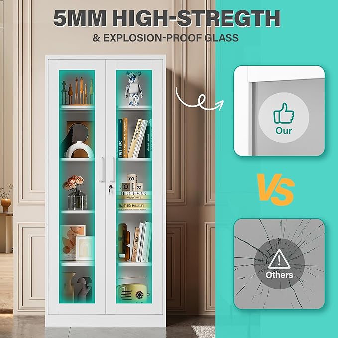 SISESOL Metal Storage Cabinet with Lock and Glass Doors,Glass Display Cabinet,67" Tall White Storage Cabinets,Locking Curio Cabinets with 5 Shelves for Collectibles,Home,Office,Living Room