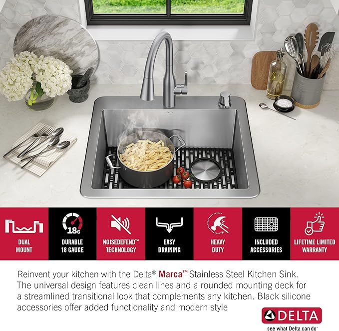 DELTA FAUCET Delta Marca 25 Inch Drop-In Undermount Stainless Steel Single Bowl Kitchen Sink with Accessories