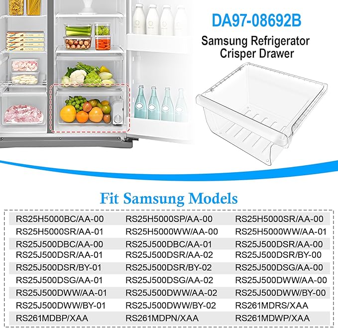 UPGRADED DA97-08692B Refrigerator Crisper Drawer Compatible with Samsung Fridge Drawer Replacement RS25J500DSG RS25J500DSR RS261MDRS RS25H5000SR Drawer for DA97-08692A Samsung Refrigerator Drawer