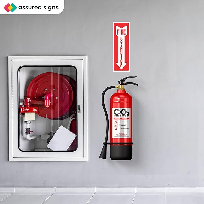Fire Extinguisher Signs, Safety Sign Sticker - 4 Pack - 4" X 12" - 5 Mil Vinyl Bright Red and White Colors - Durable Self Adhesive, Weatherproof & UV Protected Ideal for Home, Office or Boat