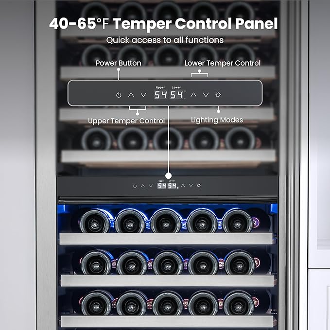 Yeego 24 Inch Wine Fridge Cooler - 154 Bottles Dual Zone Wine Cooler with Glass Door, 40-65℉ Built-In or Freestanding Wine Refrigerator with Lock and 2 Color LED for Kitchen Bar Office (Left-Hinged)