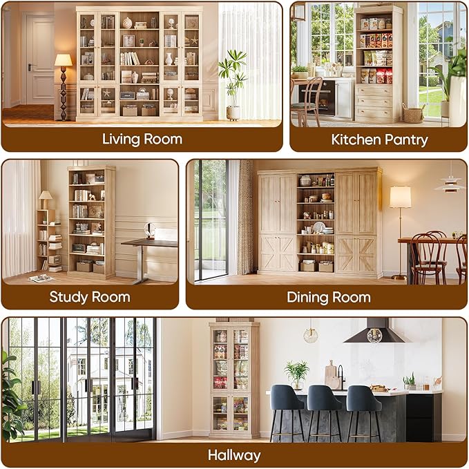 70.8" Tall Farmhouse Bookshelf, Modular Bookcase with Glass Doors, 6-Tier Adjustable Shelves, Large Storage Cabinet for Kitchen, Living Room, Brown, Set of 4