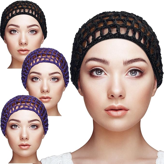 Geyoga 4 Pieces Mesh Crochet Hair Net Rayon Knit Snood Hat Thick Short Women Hairnet Snoods Cover Ornament for Sleeping (Black, Purple)